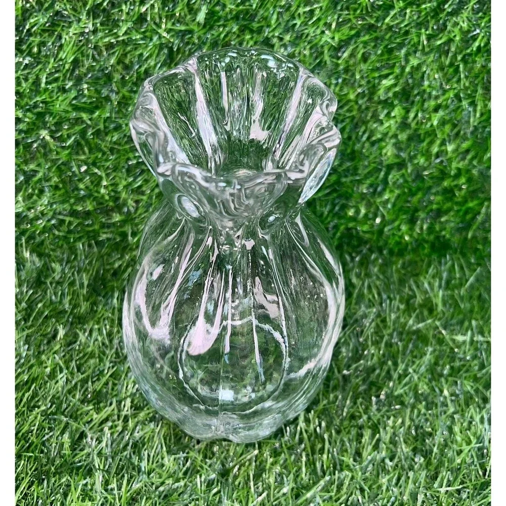 Clear Glass Drawstring Bag Pouch Vase Ruffled Rim Ribbed Texture 7in